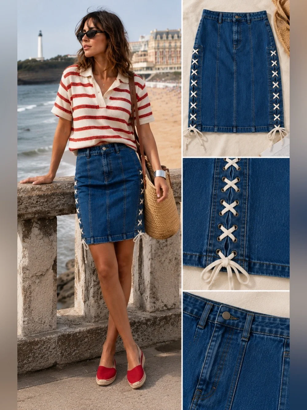 Free People Denim Midi Pencil Skirt Size 6 Lace-Up Side Detail Blue